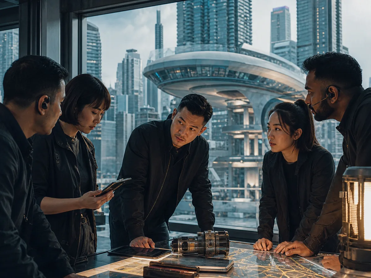 Multi-ethnic service team in a briefing at a Singapore facility, daylight, professional