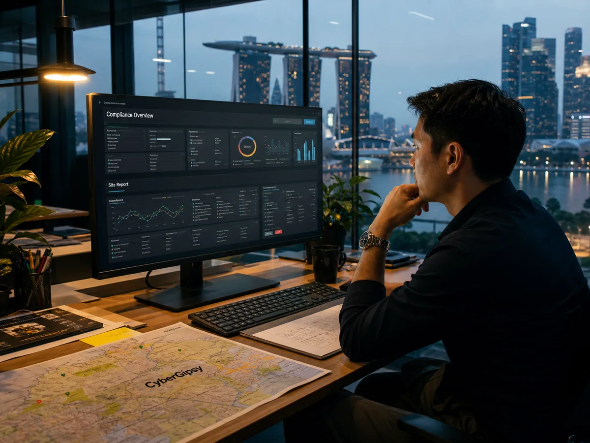 Screen showing a compliance and site report dashboard on a desk in a modern Singapore office