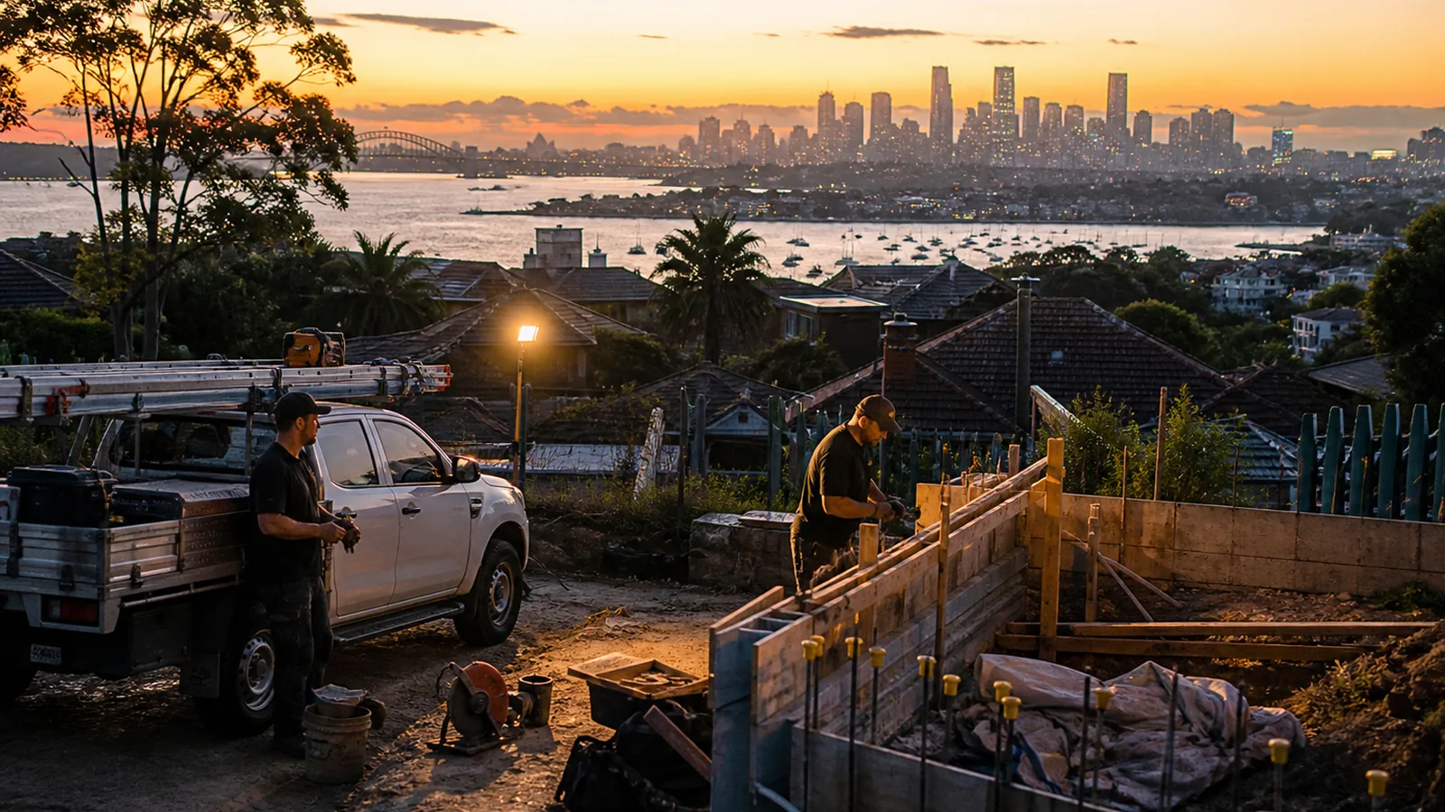 Sydney suburban building site at sunrise with a ute and tradespeople, harbour and city skyline in the far distance, warm