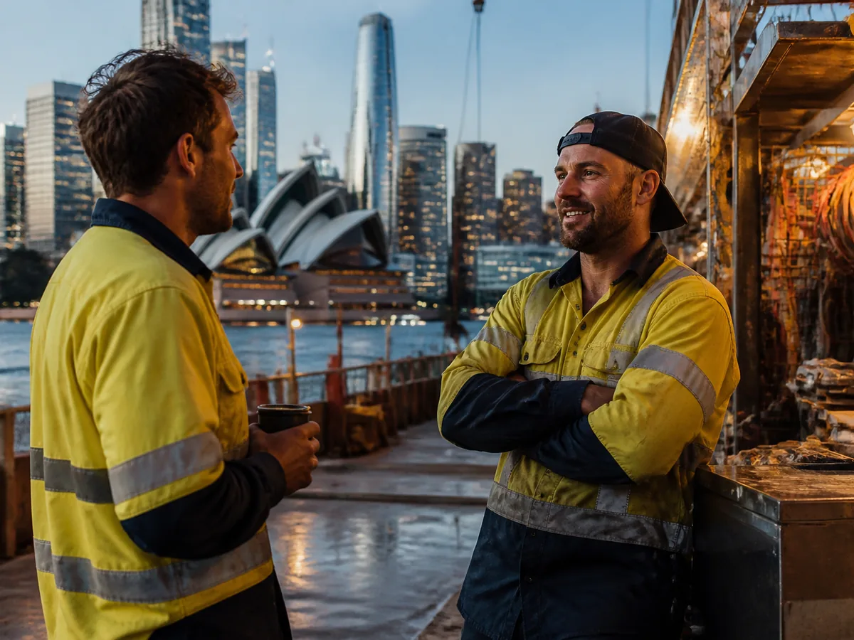 Two Australian tradespeople in hi-vis talking beside a job site, bright daylight