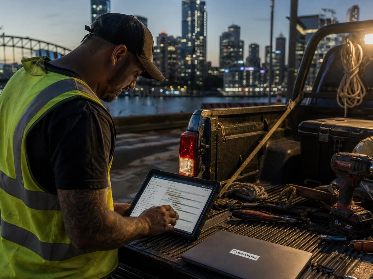 Tablet showing a compliance pack and job schedule on the tailgate of a ute, tools visible