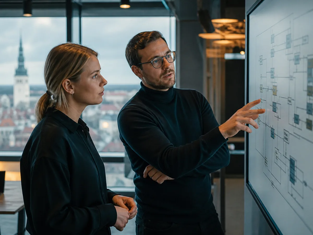 Two Estonian professionals reviewing a workflow diagram on a screen, daylight