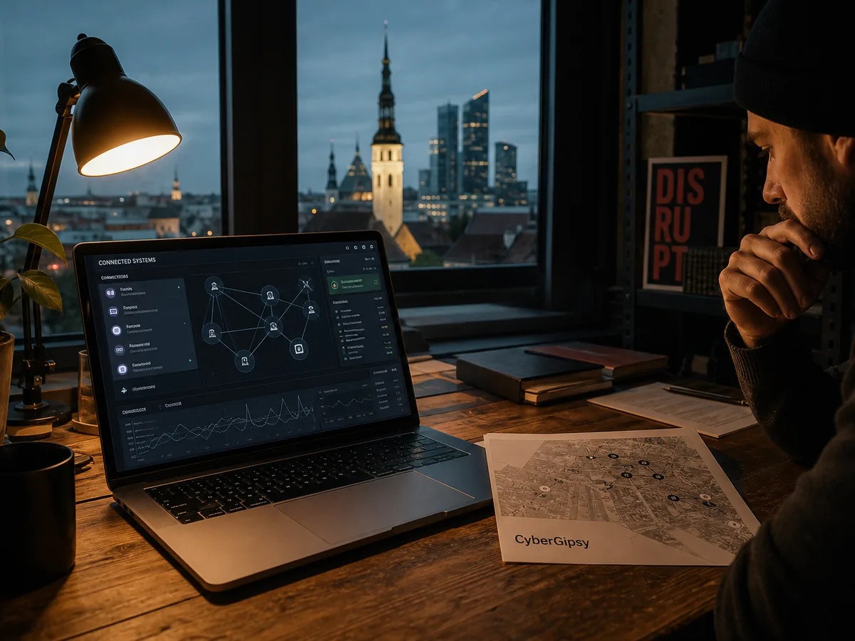 Laptop showing connected systems dashboard on a clean desk
