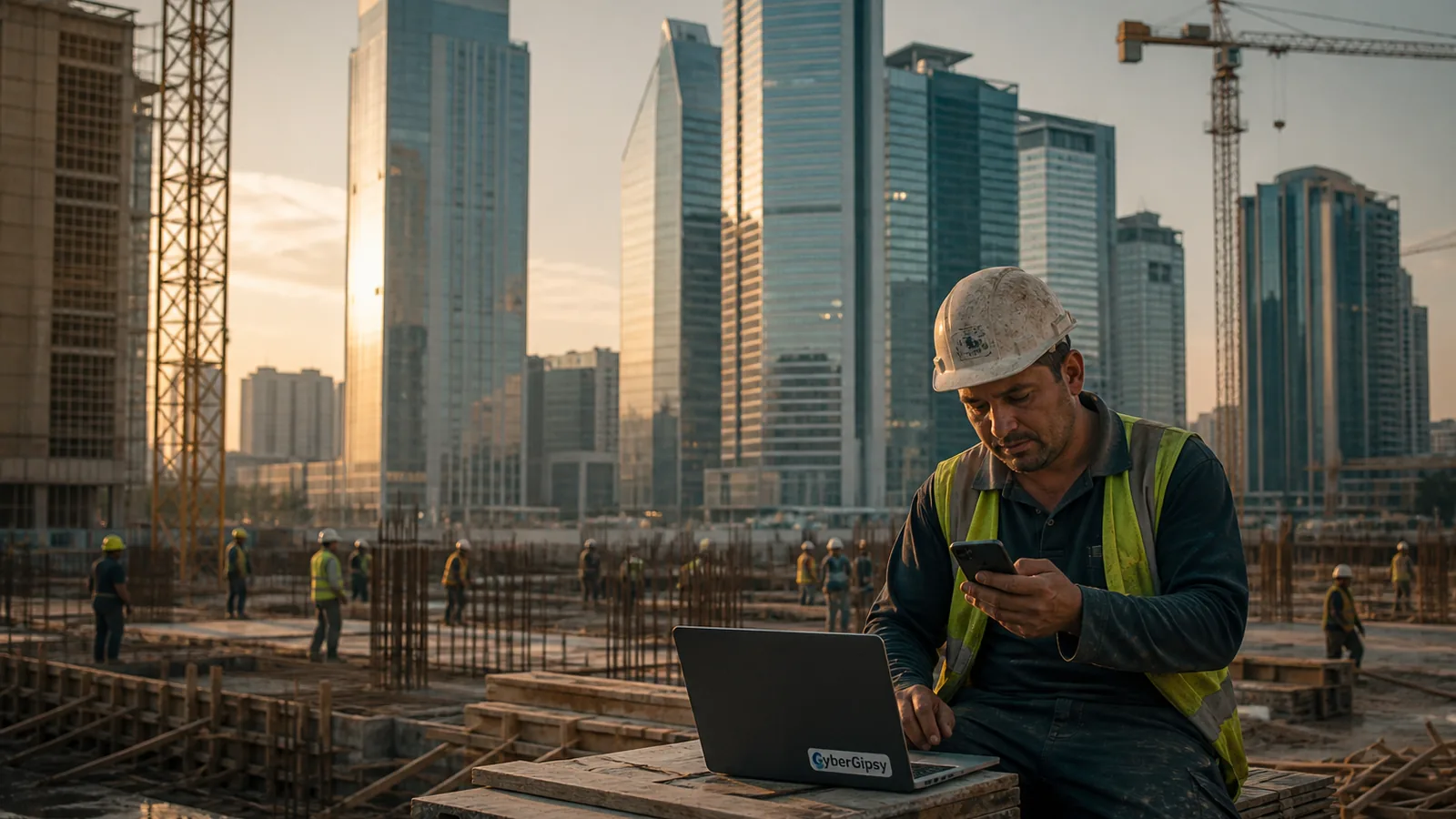 Tashkent construction site at golden hour with modern buildings behind, worker checking a phone, warm dusty light