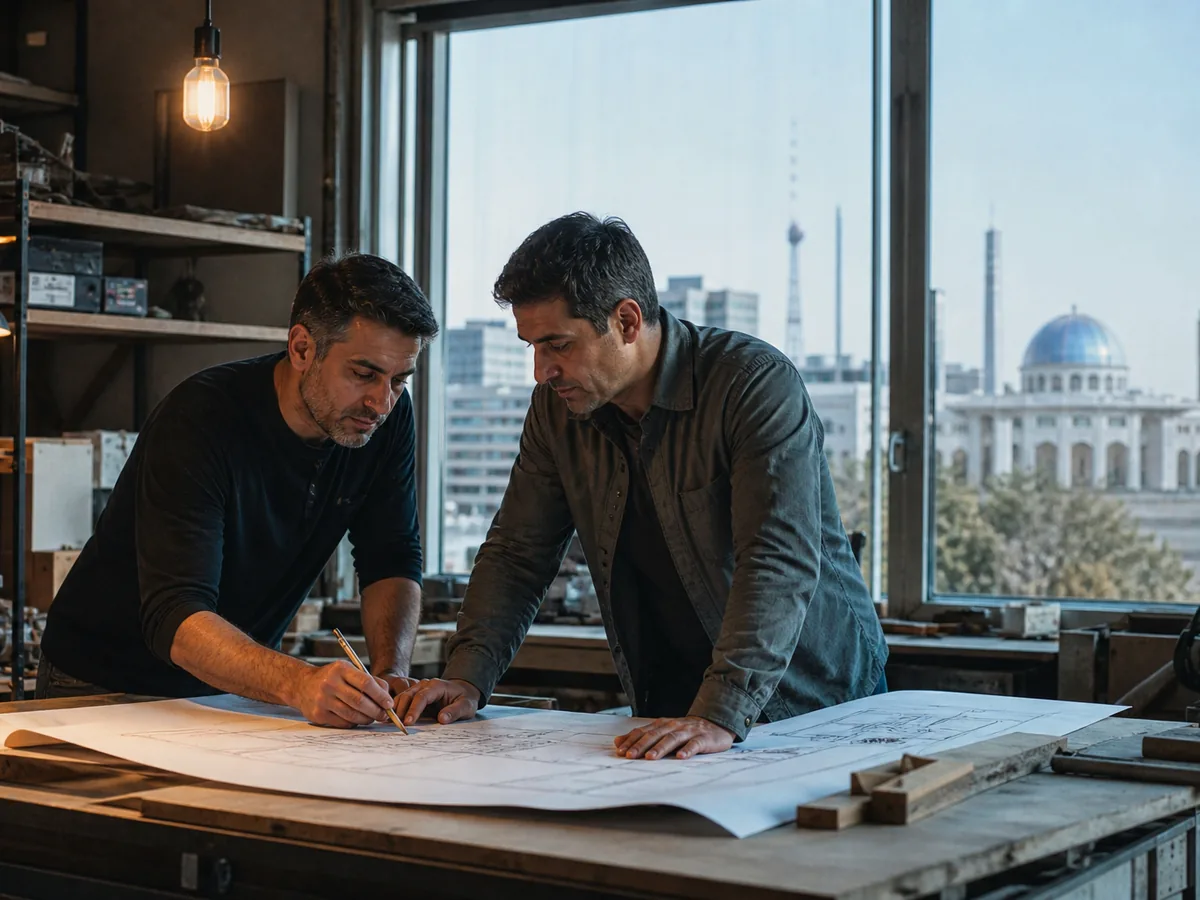 Two business owners reviewing plans in a Tashkent workshop, daylight