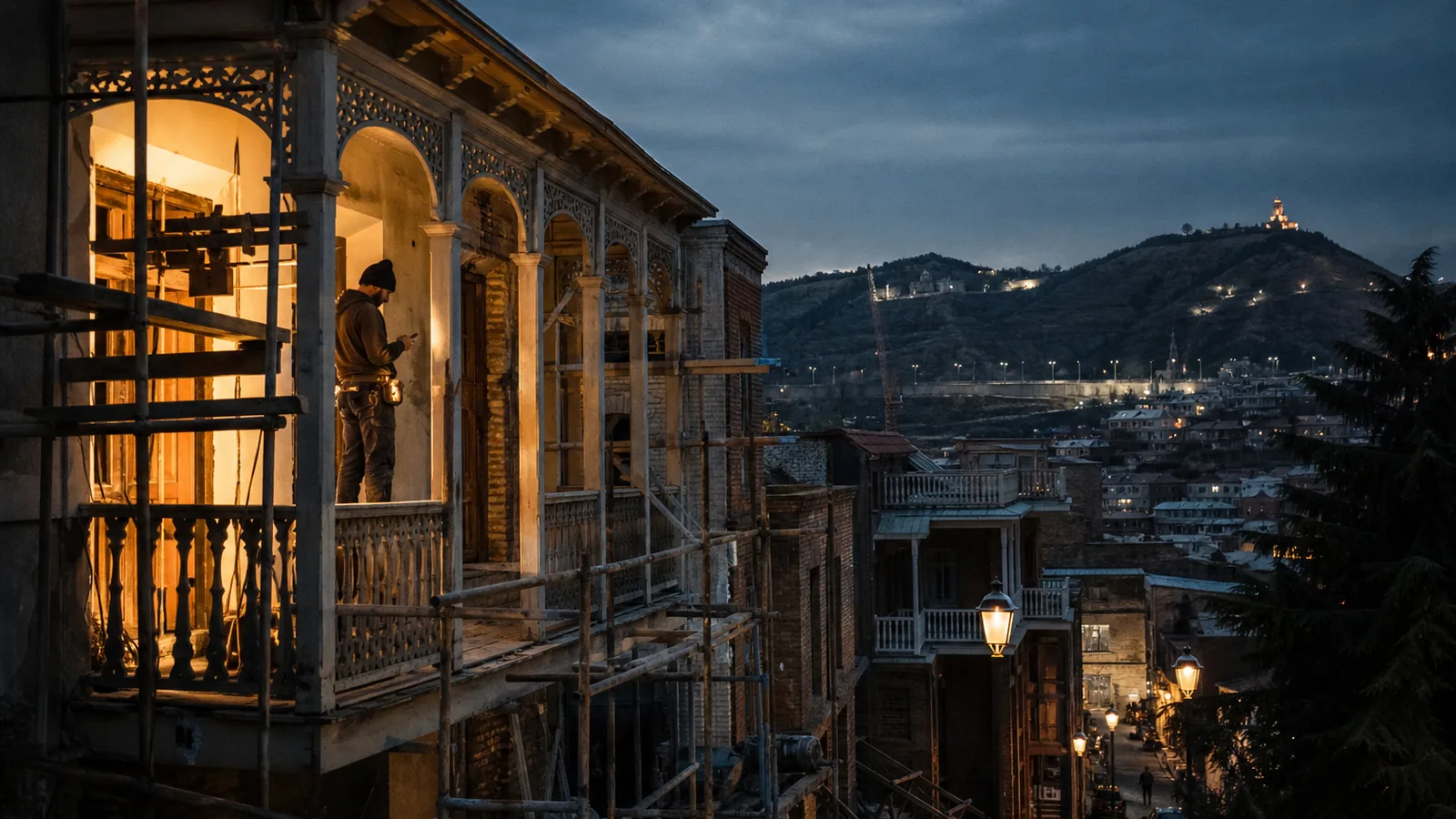 Tbilisi old district at dusk with balconied houses under renovation, warm lamplight, worker checking a phone, hills behind