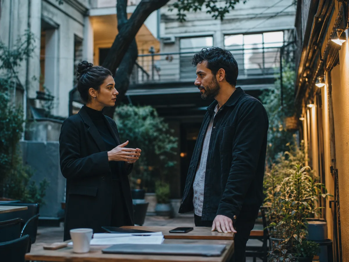 Two business owners talking in a Tbilisi courtyard, daylight