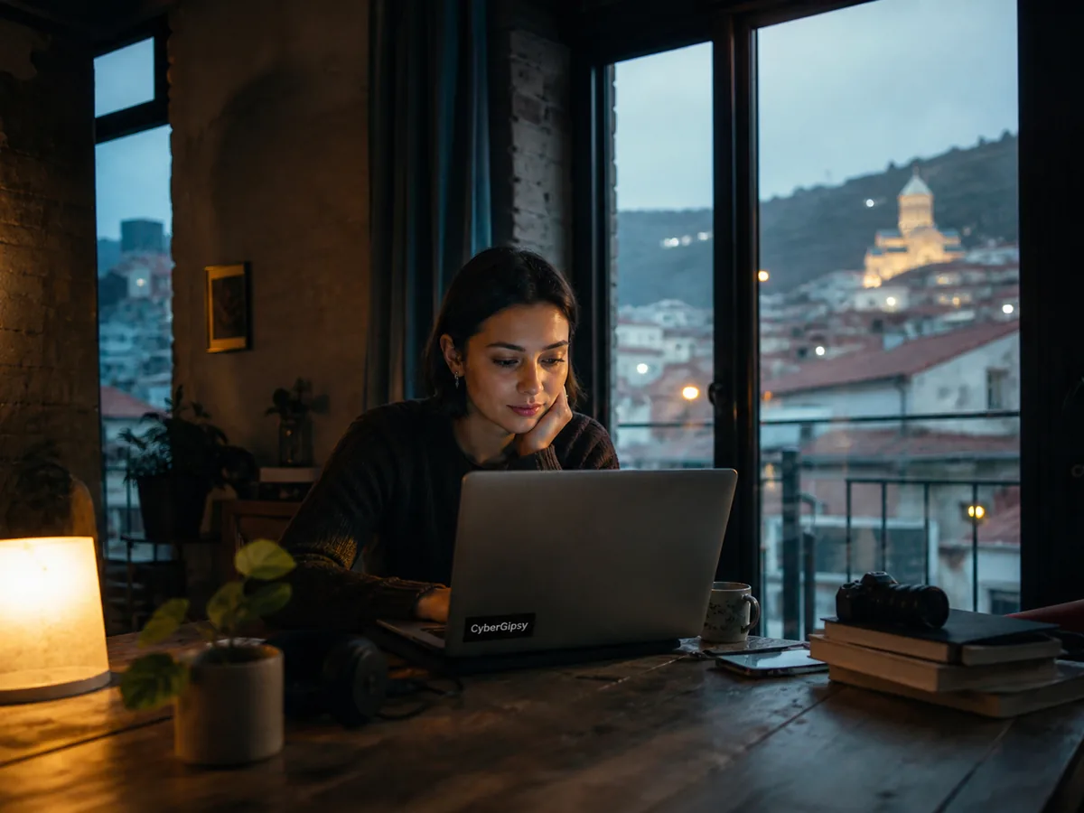 Laptop showing a multilingual quote in a renovated Tbilisi apartment
