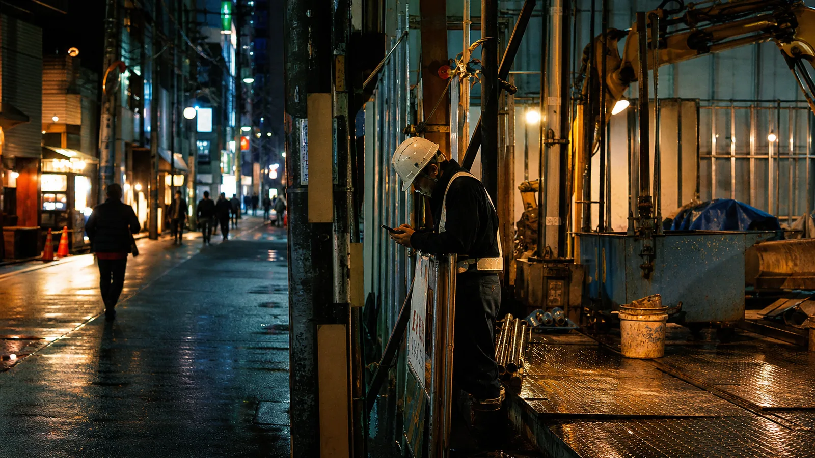 Tokyo street at night with a small construction site and a worker checking a phone, neon signage and warm lights, wet