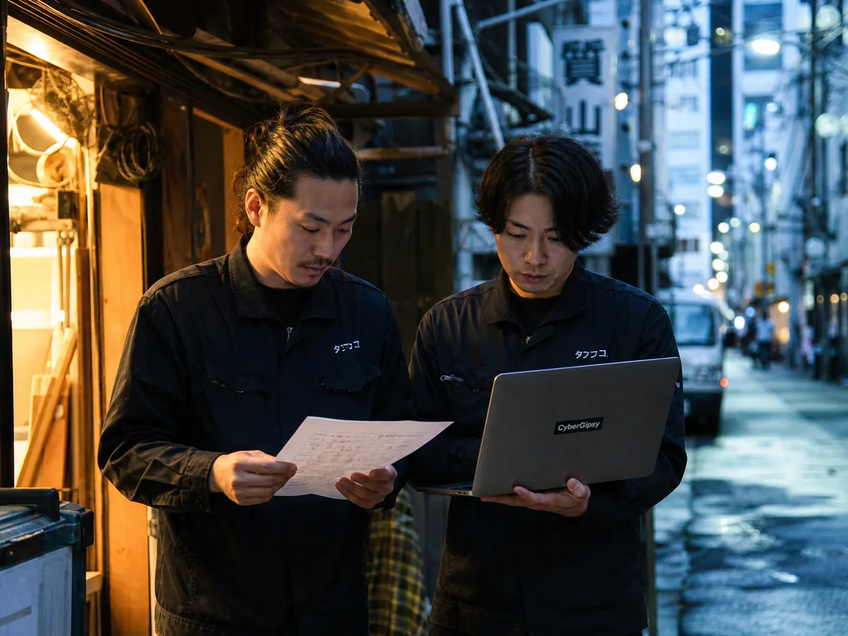 Two Japanese workers reviewing a checklist together, polite and focused, daylight