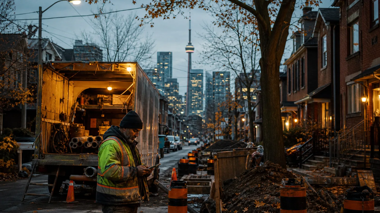 Toronto residential street renovation in late autumn with a work truck, skyline in the distance, worker checking a phone