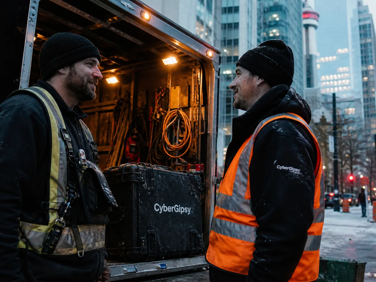 Two Canadian tradespeople talking beside a truck, cold bright daylight
