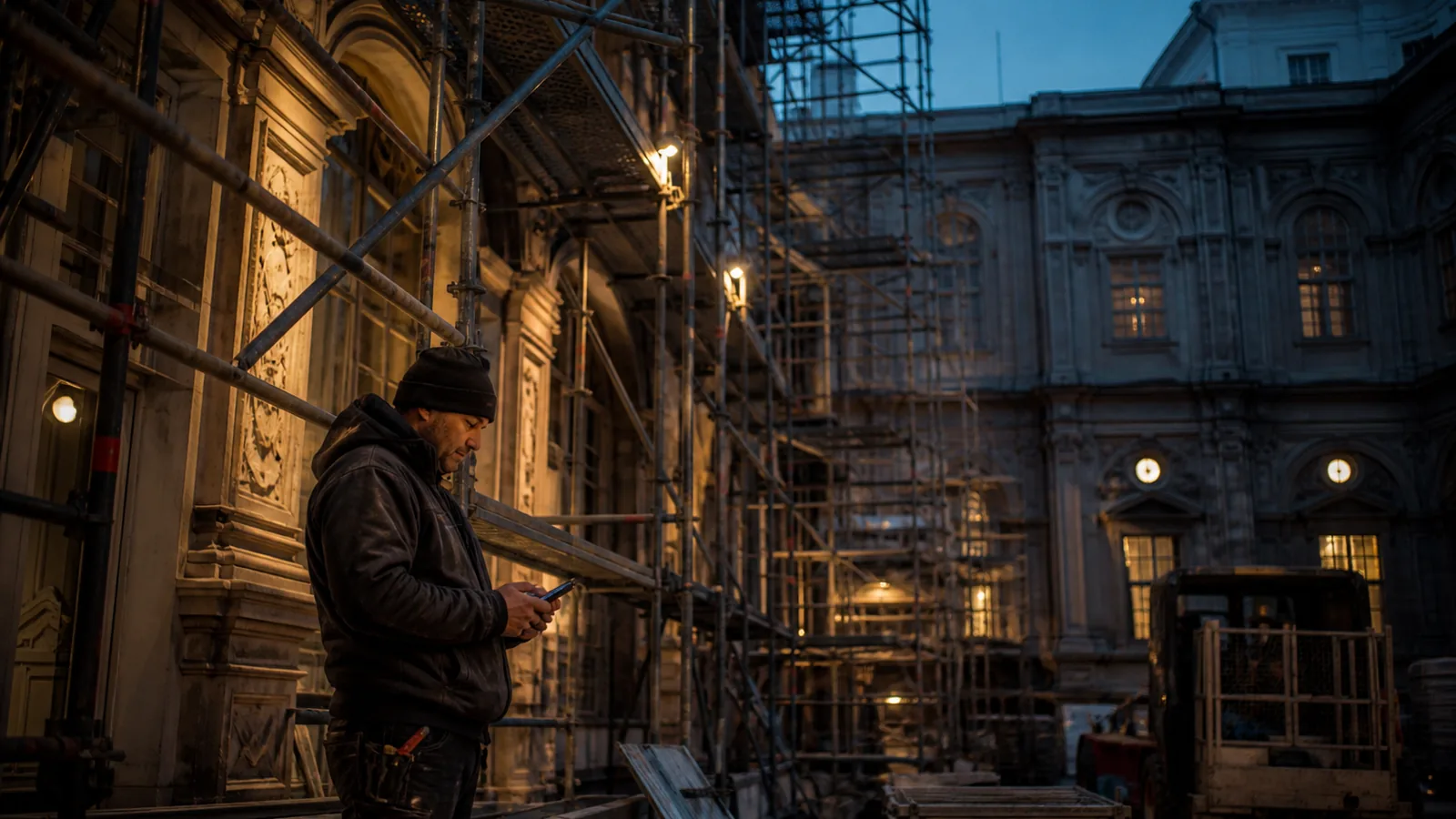 Vienna historic building courtyard under renovation at dusk, scaffolding against ornate facades, tradesperson checking a