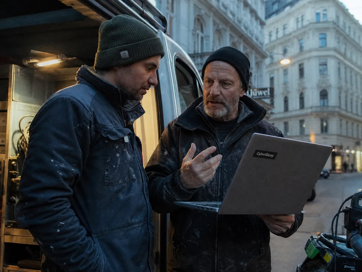 Two Austrian tradespeople in workwear discussing a job, daylight