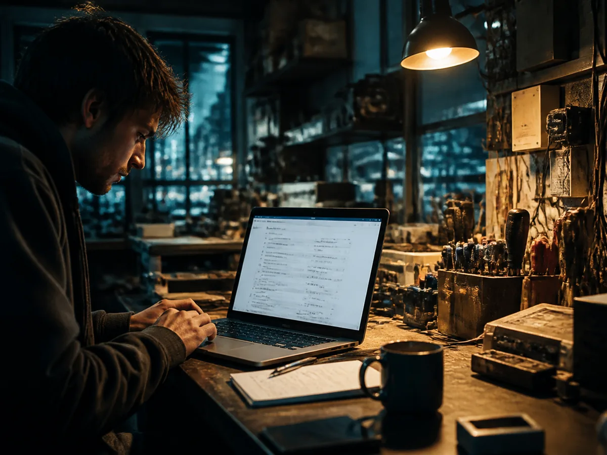 Laptop showing a structured German-language quote on a workbench