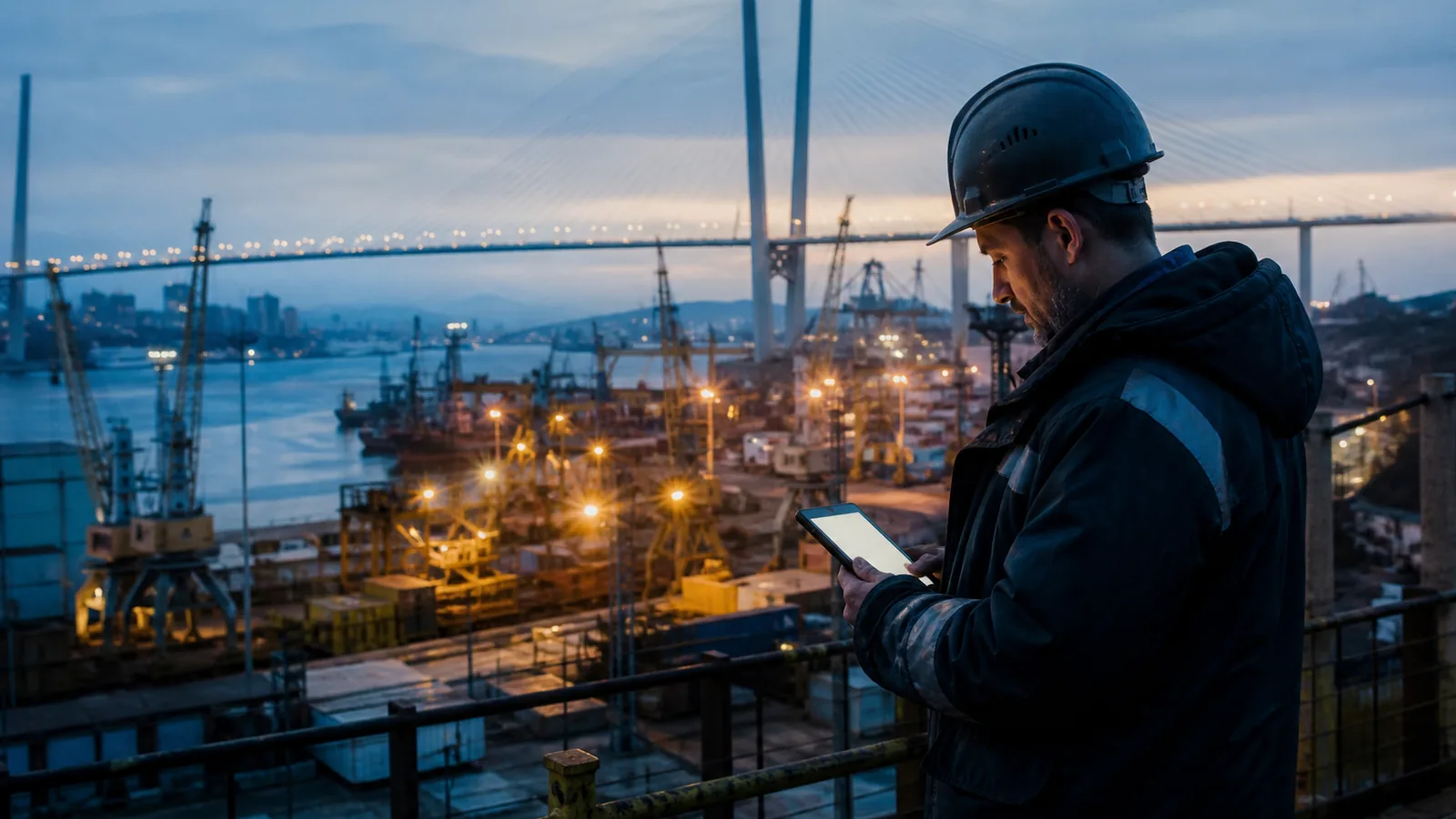 Vladivostok port at dusk with cranes and the bridge, a worker checking a tablet in the foreground, cold blue light with