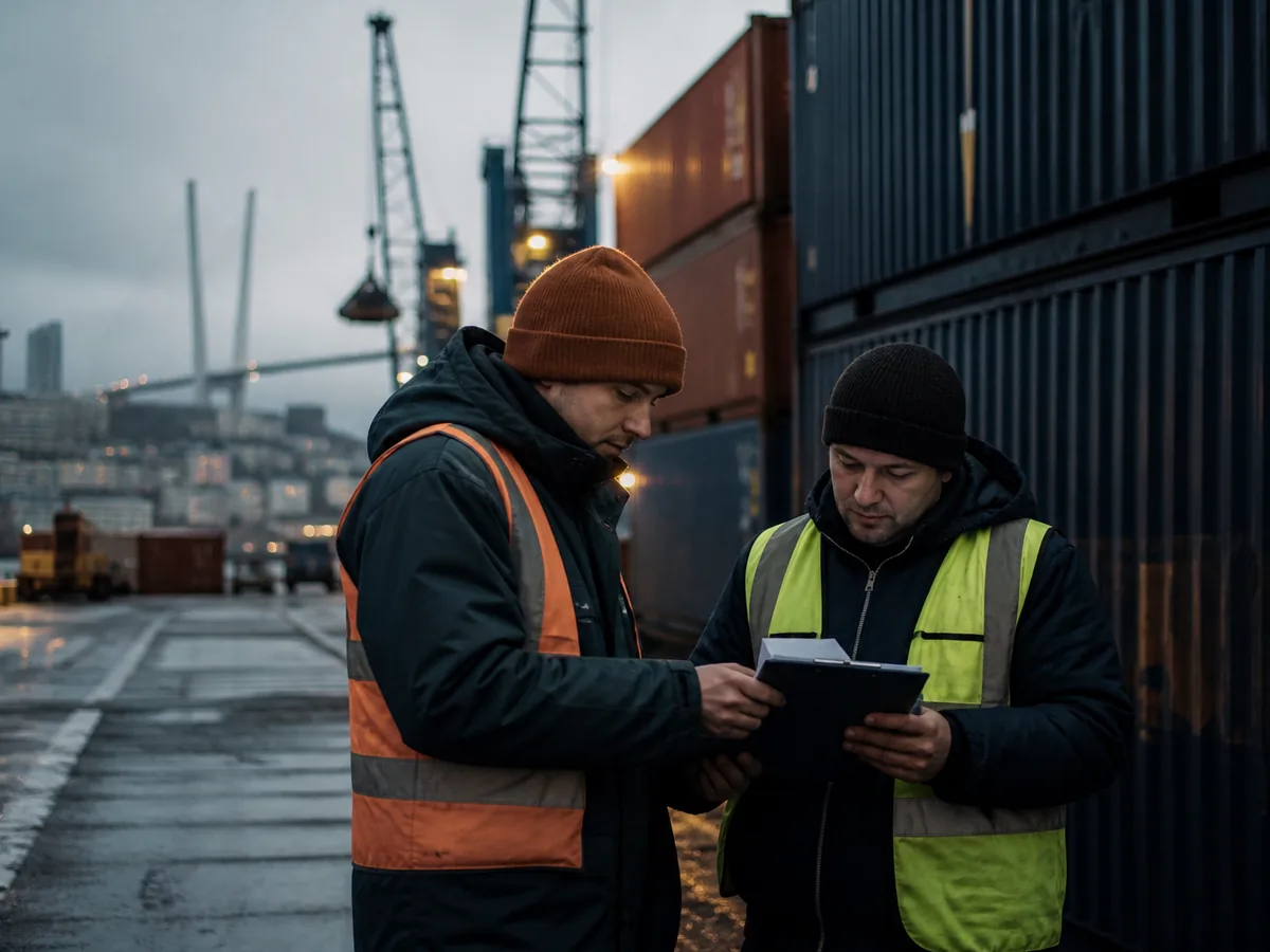 Two logistics workers reviewing documents beside a container stack, overcast daylight