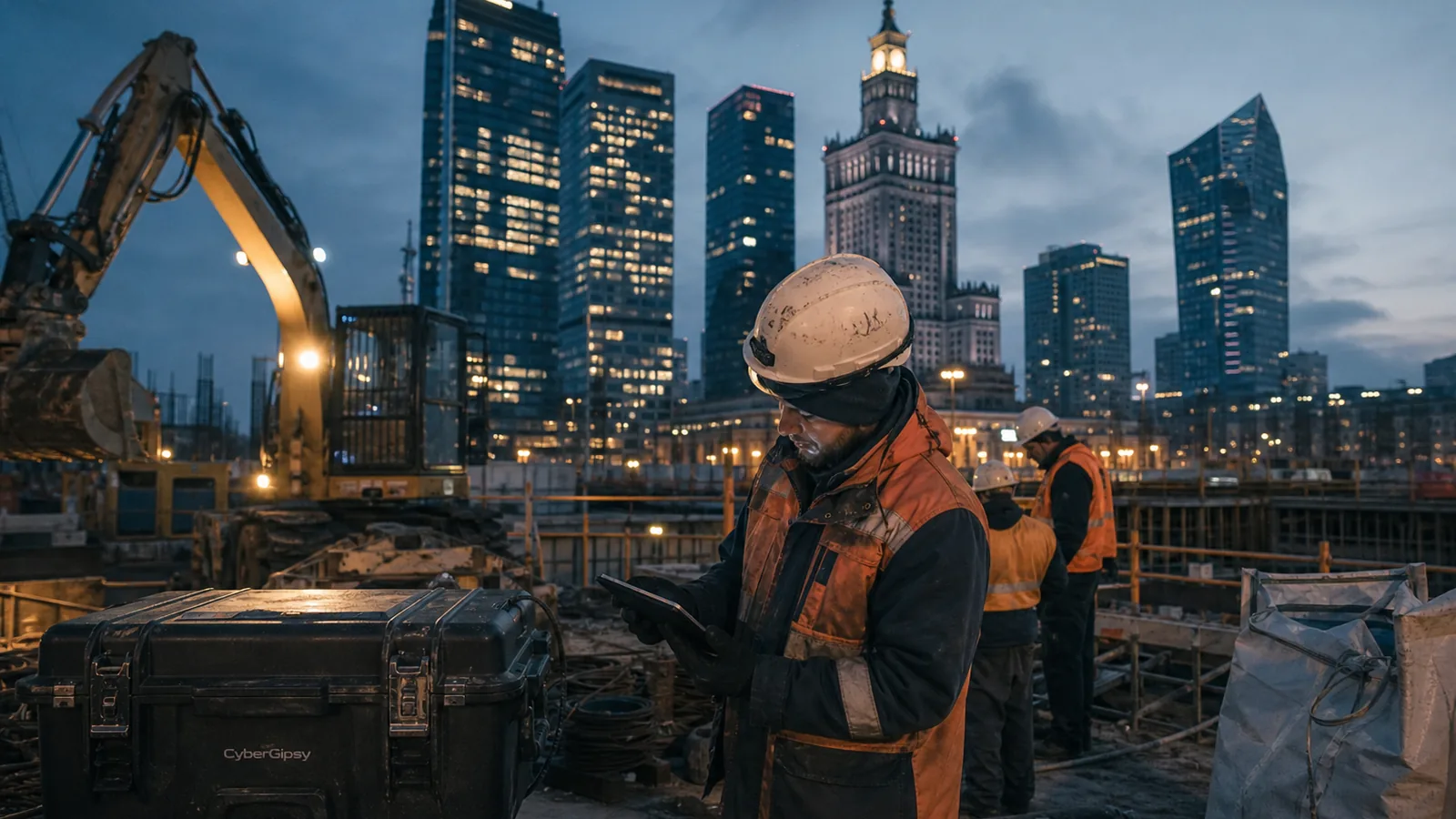 Warsaw construction site at dusk with modern towers behind, worker checking a tablet, warm site lighting against blue