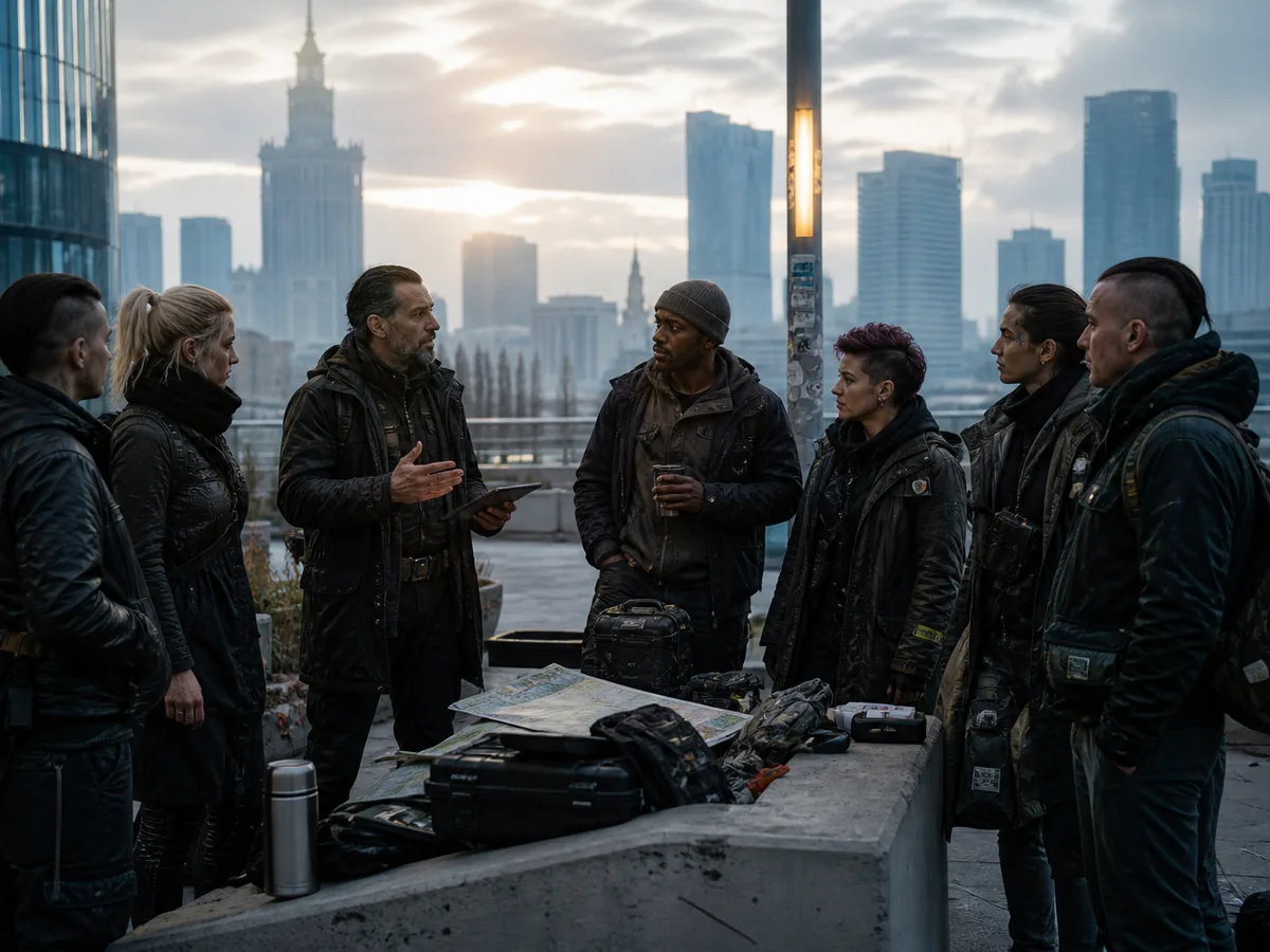 Multilingual crew briefing on a Warsaw site, morning light