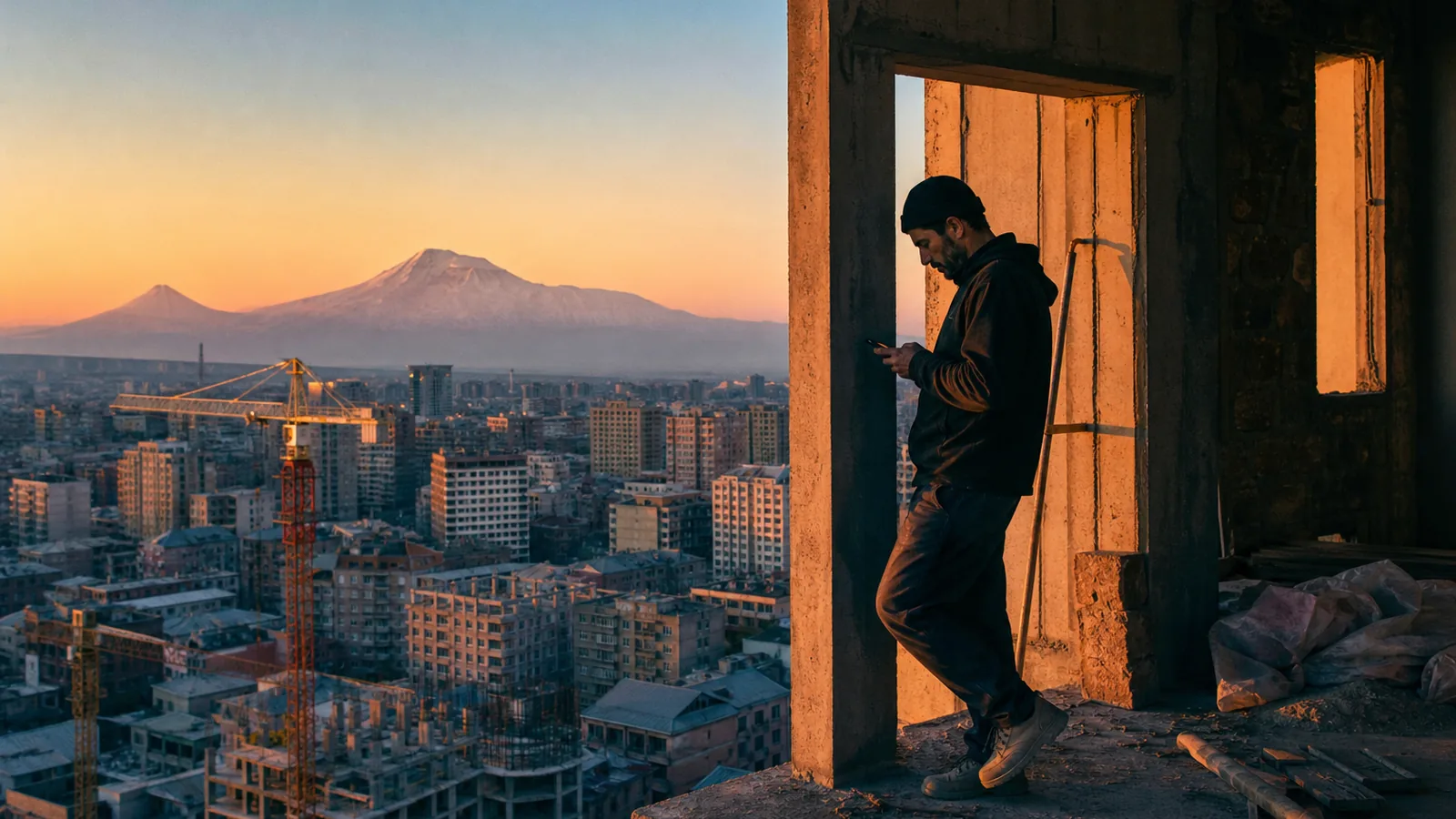 Yerevan cityscape at golden hour with Ararat in the distance and a building under construction, worker checking a phone