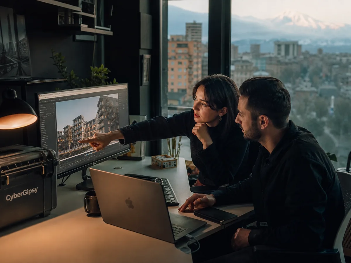 Two professionals reviewing a proposal on a screen in a Yerevan office, daylight