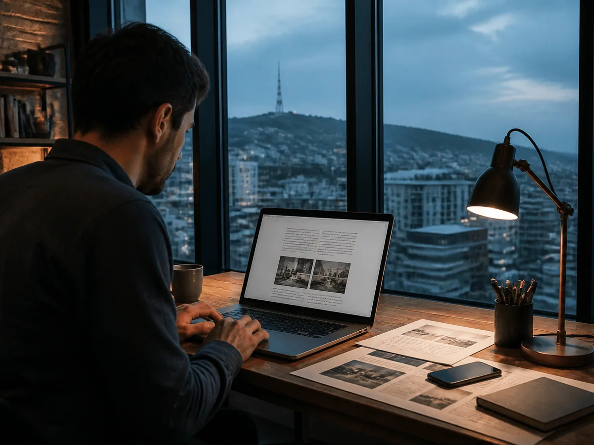 Laptop showing an English-language proposal on a modern office desk