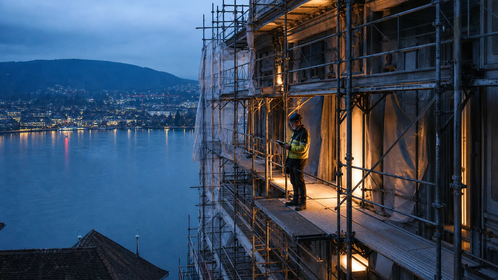 Zurich building under renovation at dusk with lake and hills behind, precise scaffolding, worker checking a tablet, crisp
