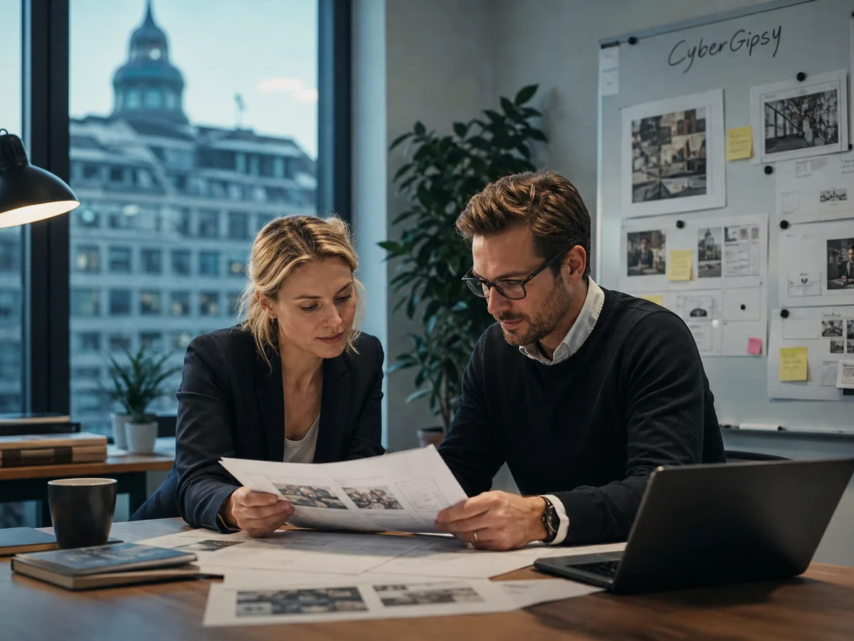 Two Swiss professionals reviewing a project document, clean office, daylight