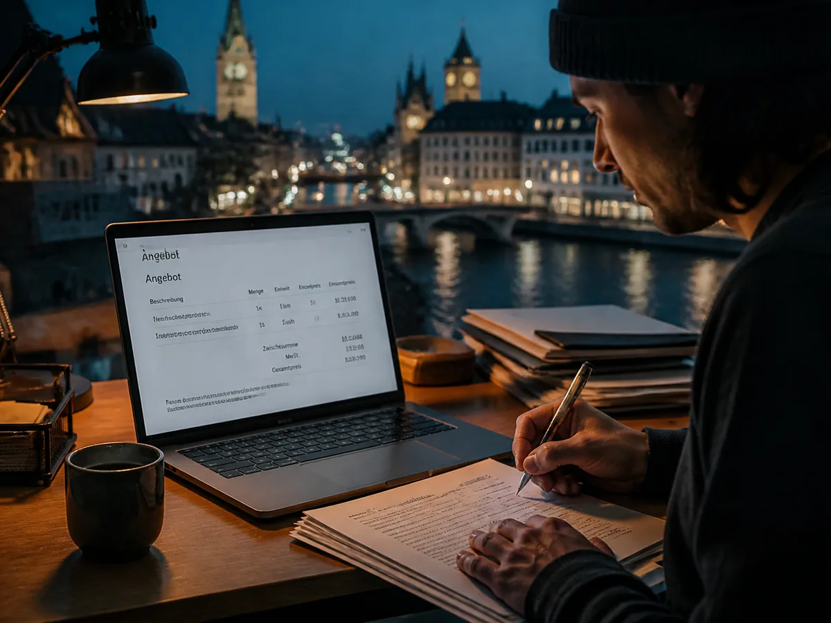 Laptop showing a precise German-language quote and documentation set