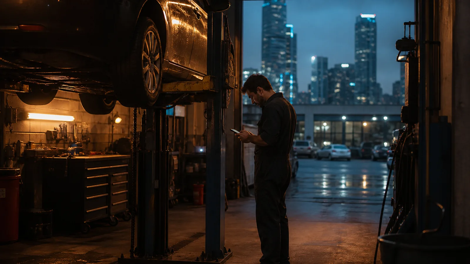 Workshop at dusk with a car on a lift and a mechanic checking a phone, warm work lights