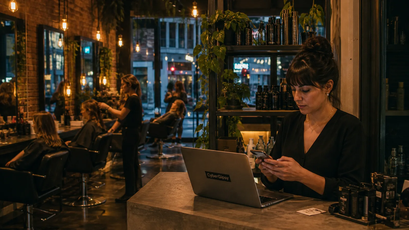 Salon interior in warm evening light with a stylist checking a phone at reception