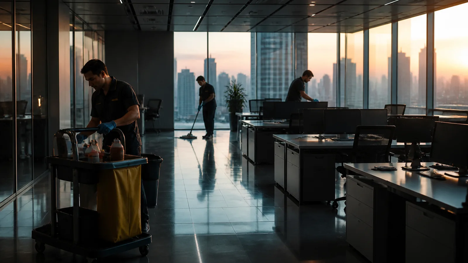 Commercial cleaning crew starting a shift in an empty office at dawn, warm light through windows