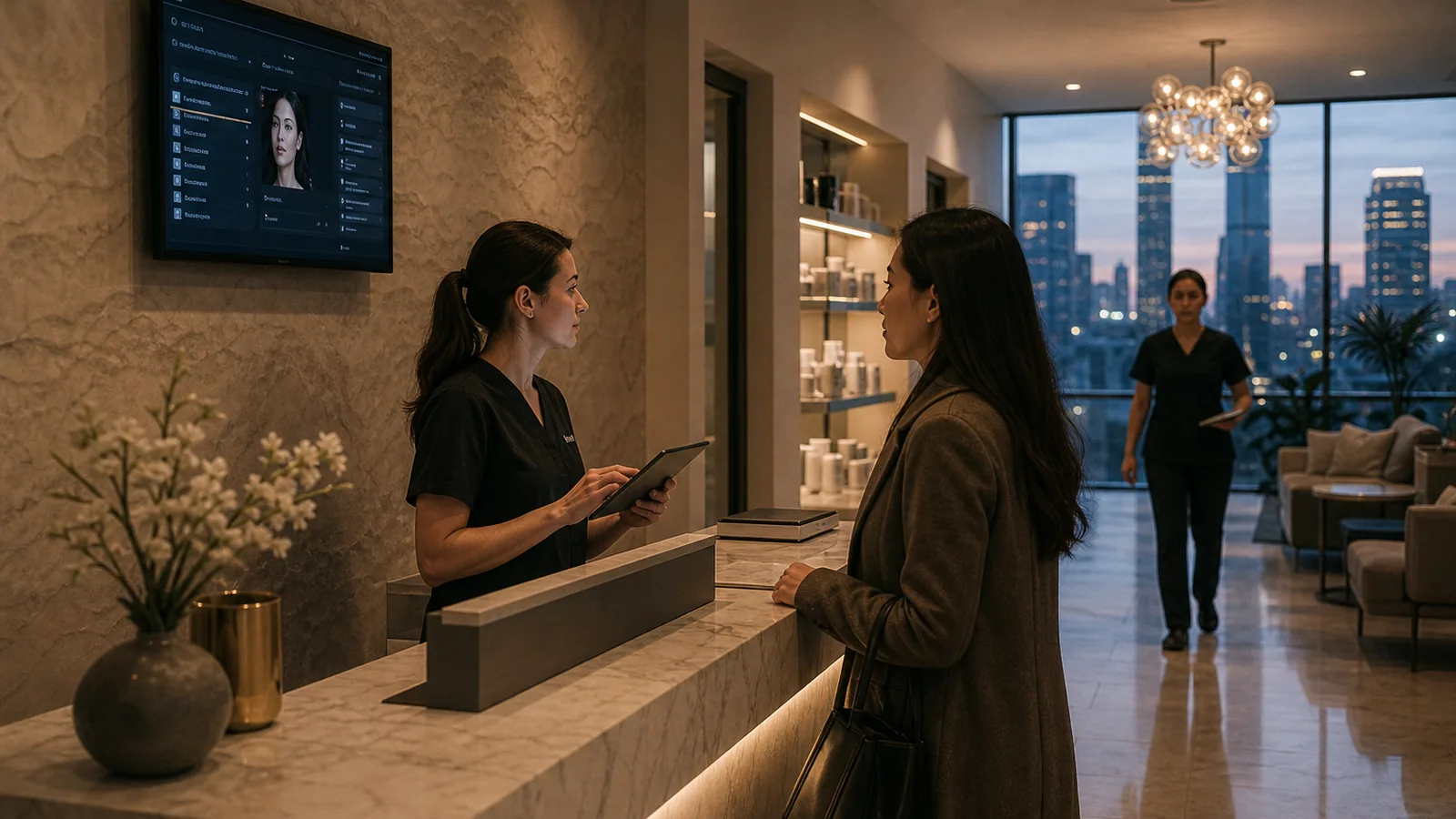 Modern clinic reception at dusk with warm lighting and a screen showing an incoming enquiry