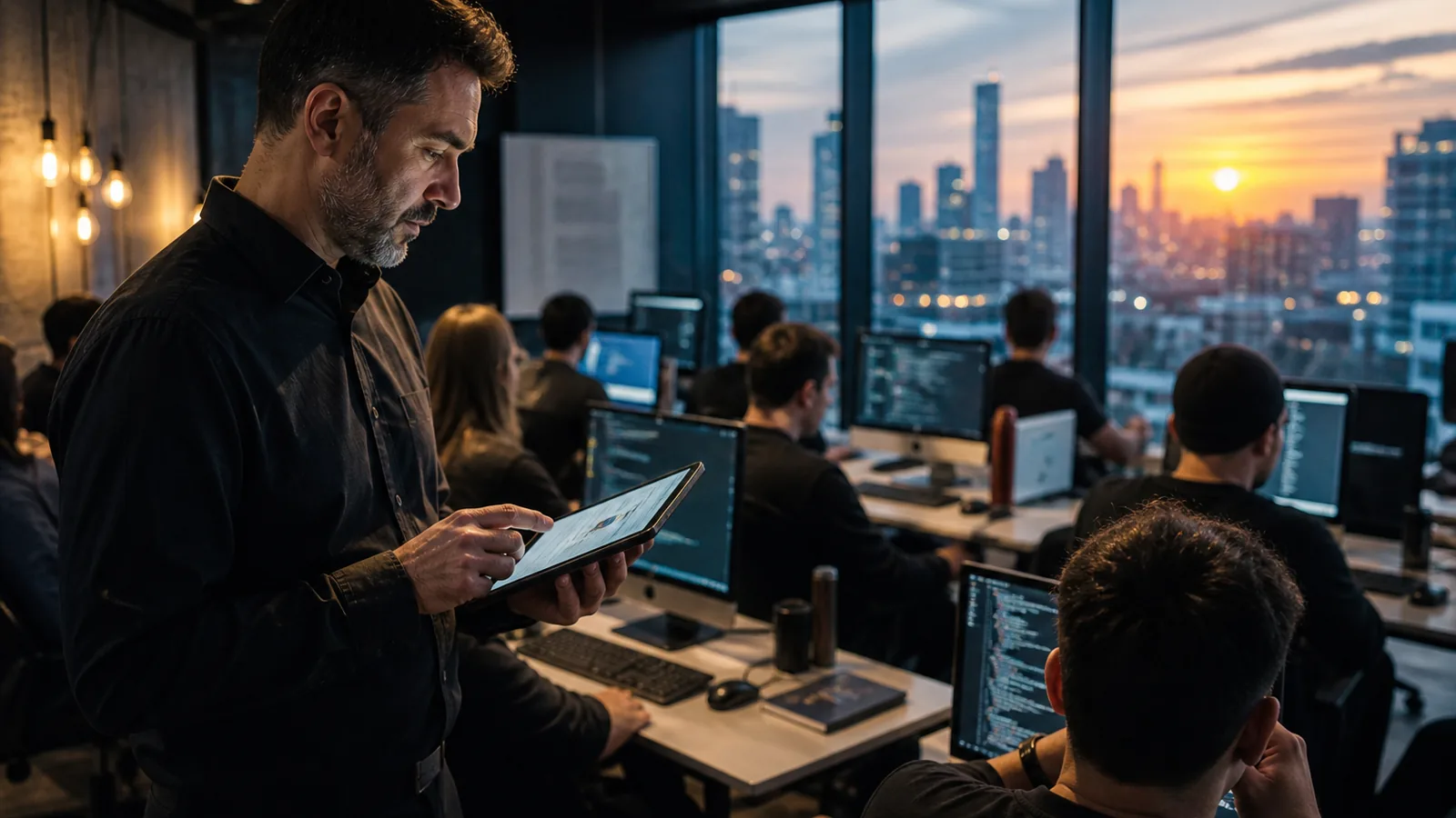Training classroom at golden hour with an instructor checking a tablet