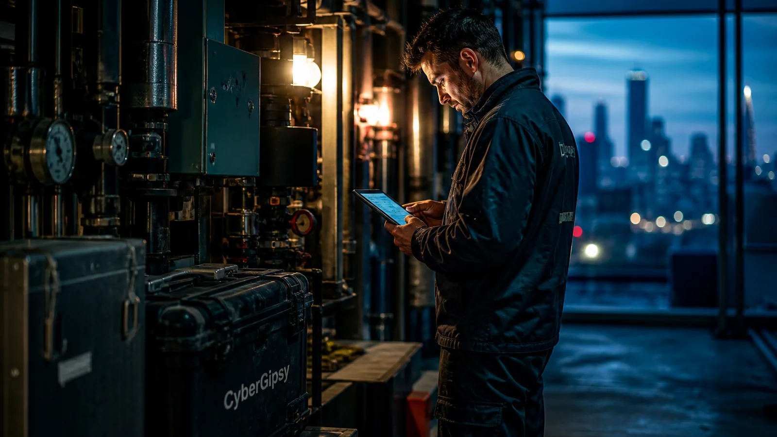 Building plant room at dusk with a technician checking a tablet, warm equipment lights