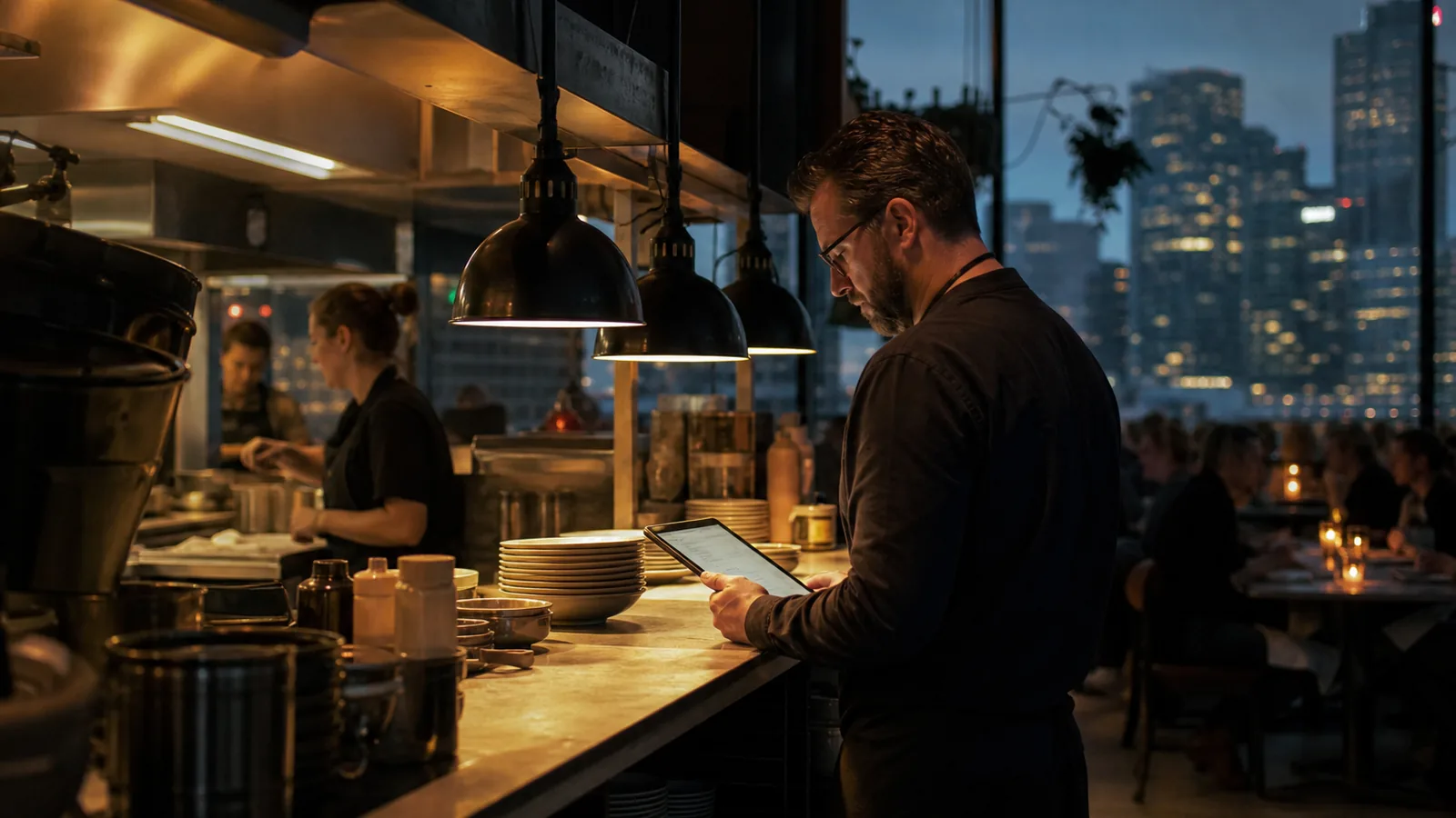 Restaurant interior at dusk with warm lights and a manager checking a tablet at the pass