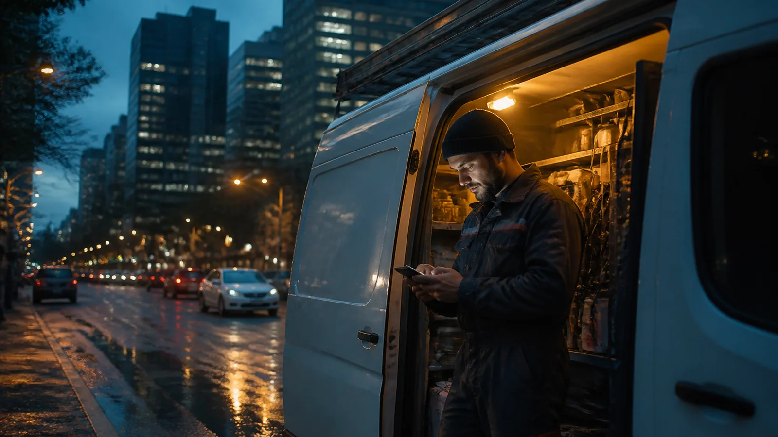 Service van at dusk on a city street, technician checking a phone, warm cab light