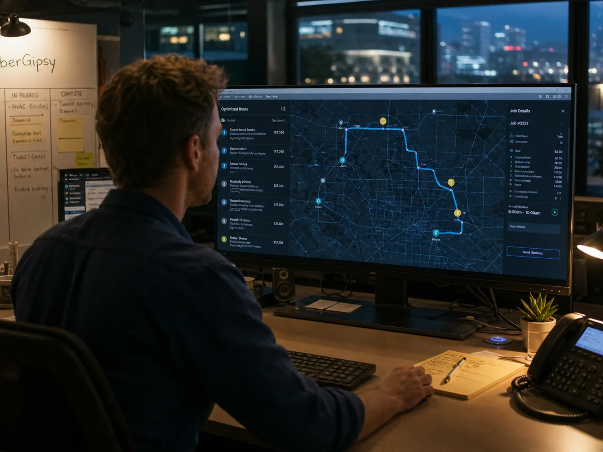 Dispatcher screen showing an optimised route map