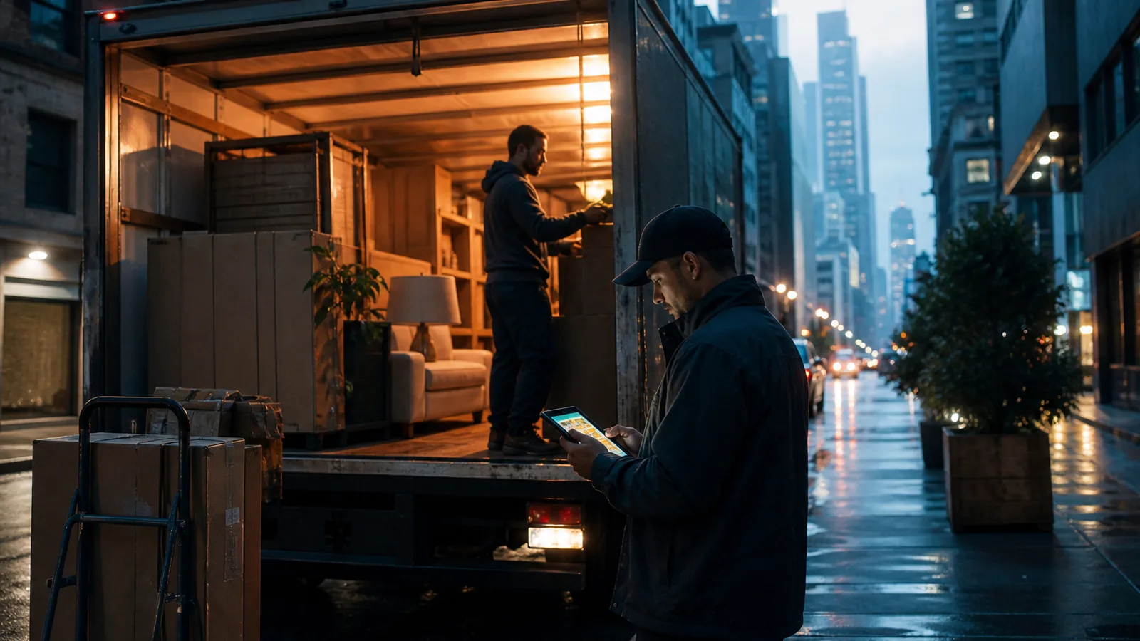Moving truck being loaded at dawn on a city street, worker checking a tablet