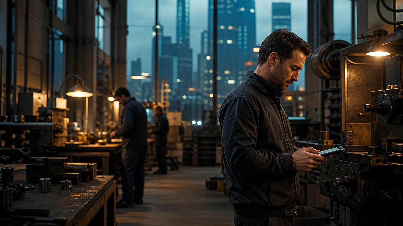 Workshop interior at dusk with machinery and a manager checking a tablet, warm work lights