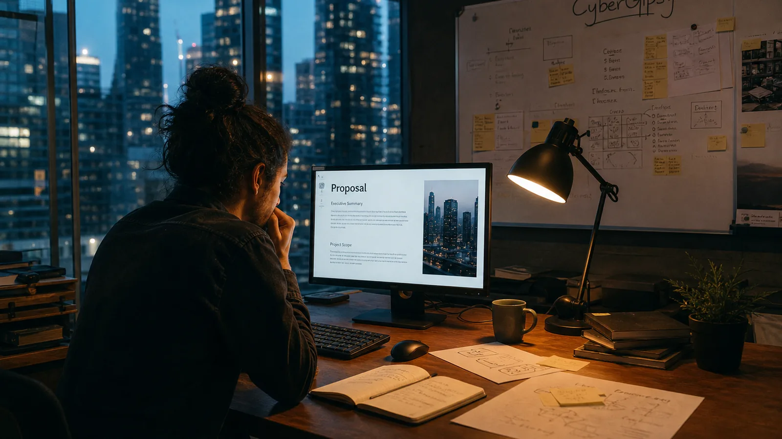 Professional office at dusk with one desk lamp and a screen showing a proposal document
