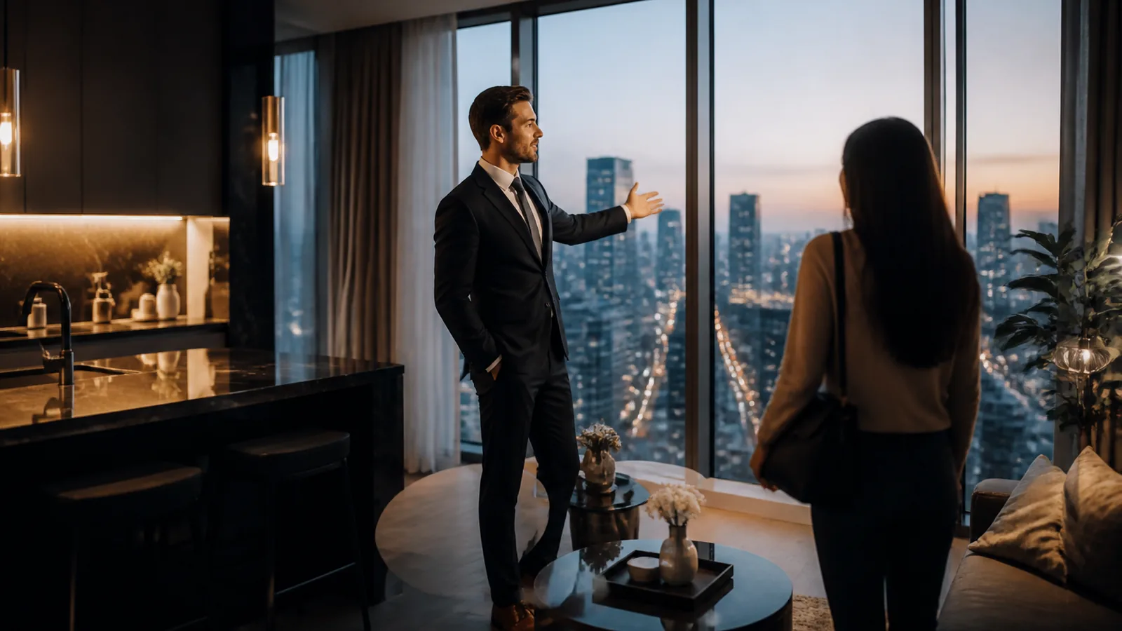 Agent showing an apartment at golden hour, city view through the window