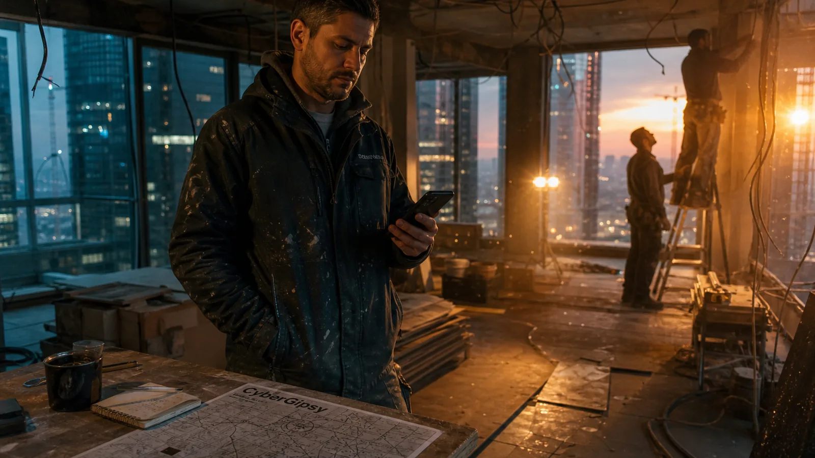 Renovation site at golden hour with a contractor checking a phone, half-finished interior, dust in the light
