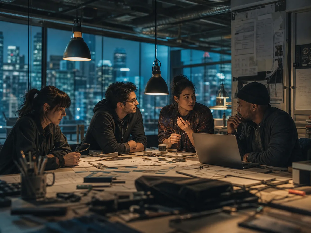 A small team working late in a modest office, screens and printed plans, warm lamp light, documentary feel