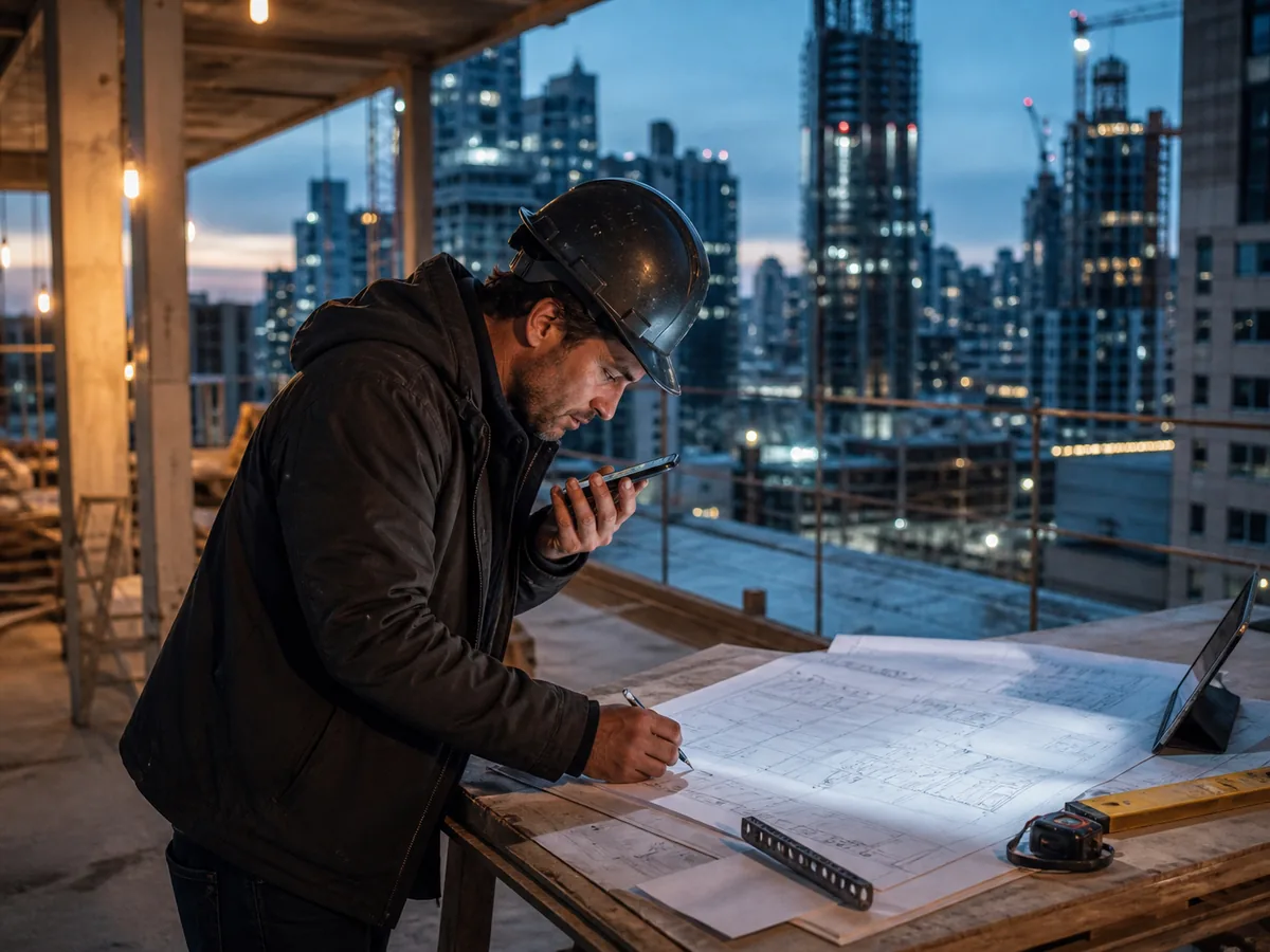 Site manager on a construction site at golden hour speaking into a phone while photographing progress, scaffolding and