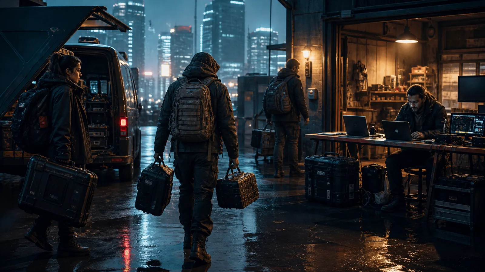 A contractor and a systems specialist reviewing a live dashboard on a site table at dusk, warm lamp light, city beyond