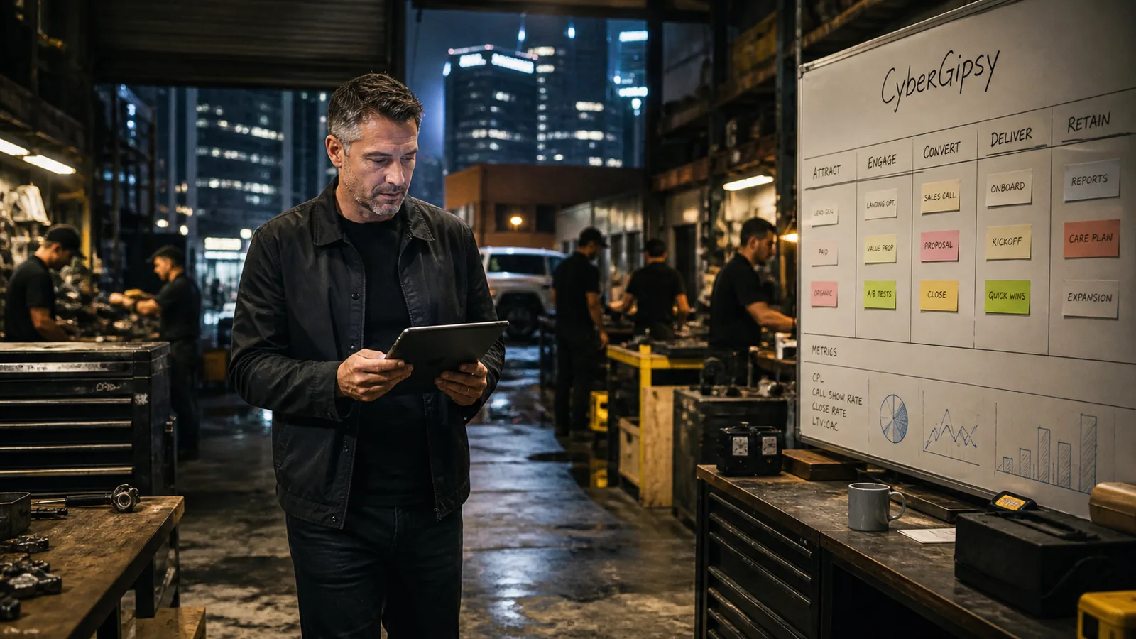 Business owner and installer reviewing a live system on a screen in a working environment, warm practical light
