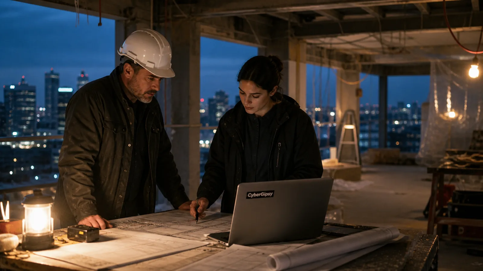 Business owner and installer reviewing a live system on a screen in a working environment, warm practical light