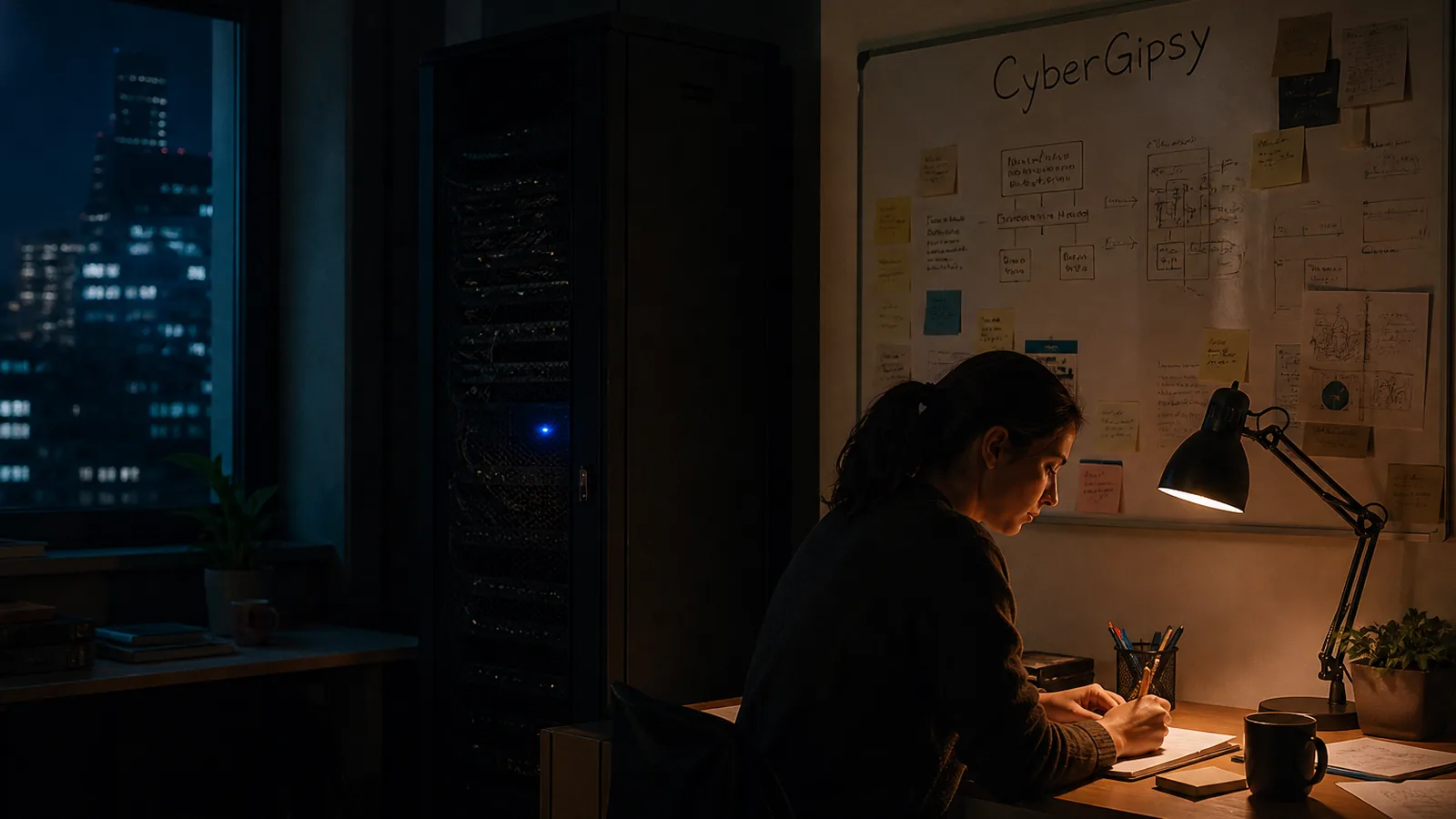A secure server cabinet in a small office with a single blue status light, dark room, one warm desk lamp, quiet and
