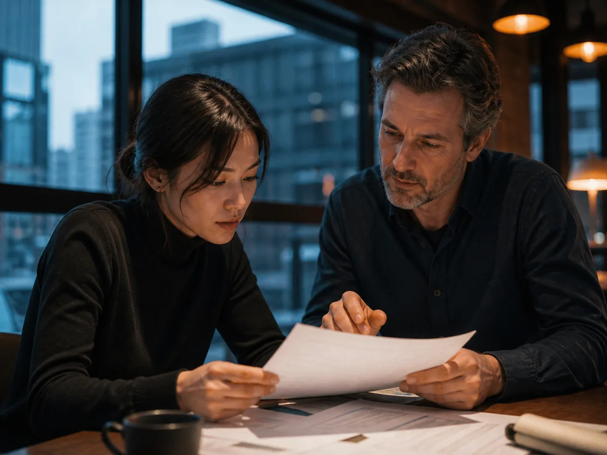 Two people reviewing a printed policy document across a table, serious, daylight